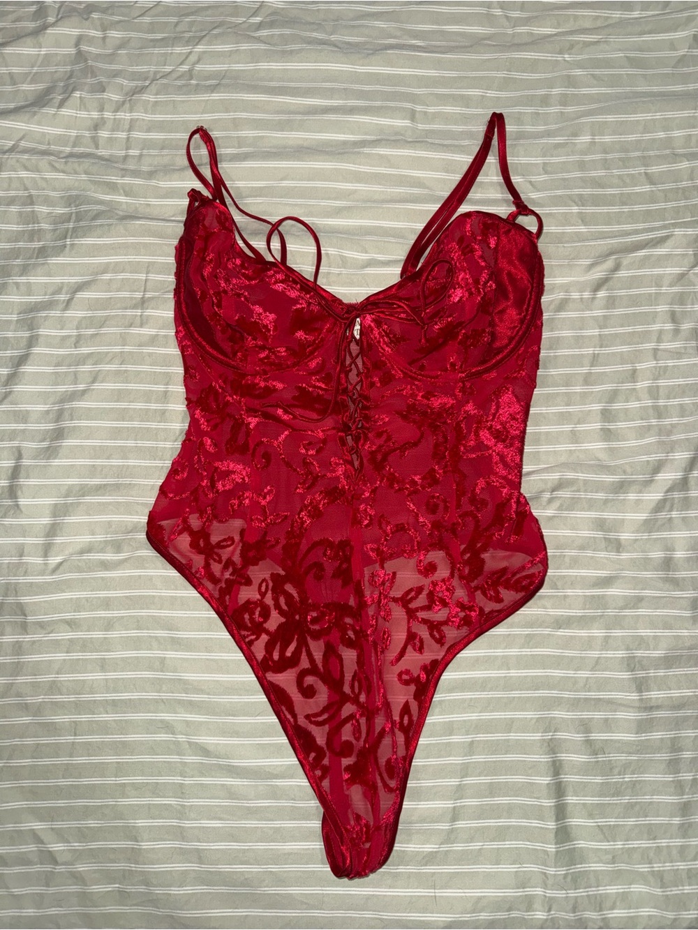 Vintage Gold Label Victoria's Secret Red Lace Sheer Bodysuit